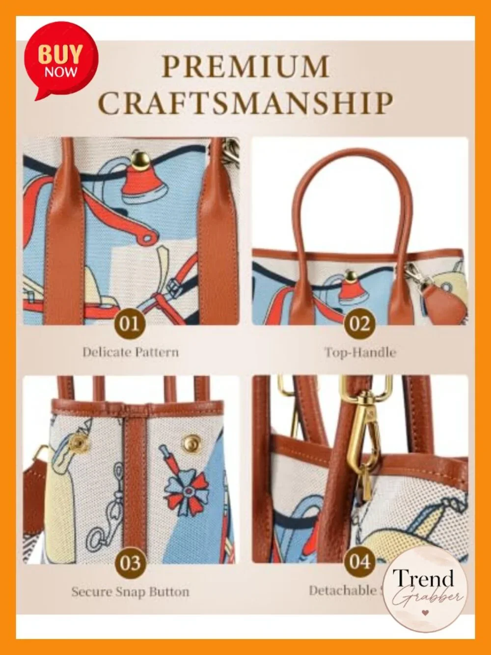 Bohemian Tapestry Print Satchel Tote with Faux Leather Trim & Detachable Strap